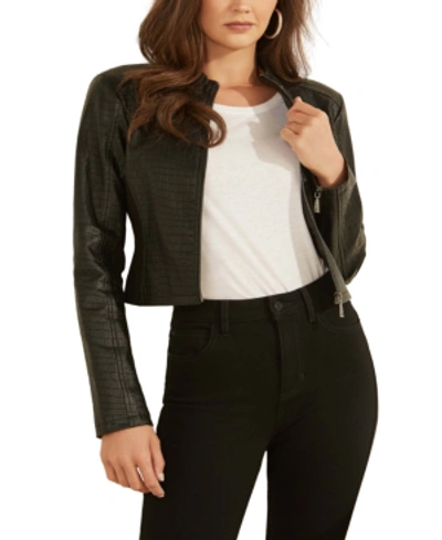 Guess Kat Croc-embossed Faux-leather Jacket In Jet Black