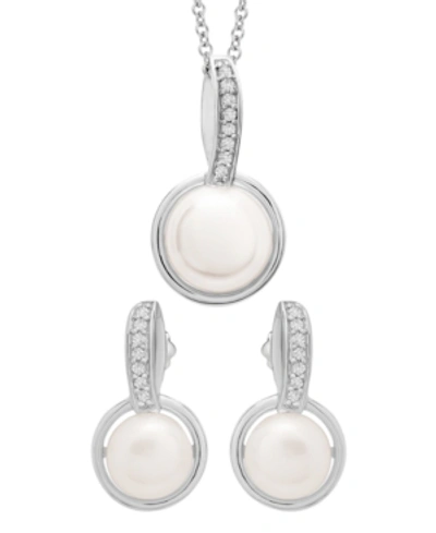Macy's Cultured Freshwater Pearl (7-8mm) And Diamond (1/10 Ct. T.w.) Box Set (pendant & Earrings) In Sterli In Sterling Silver
