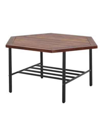 Walker Edison Modern Wood And Metal Outdoor Hexagon Coffee Table In Medium Brown