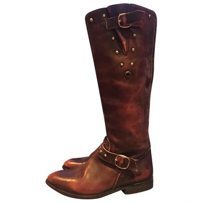 Pre-owned Golden Goose Leather Riding Boots In Burgundy
