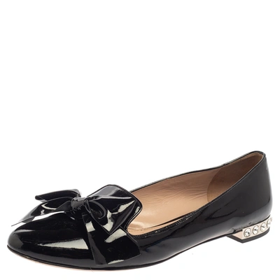 Pre-owned Miu Miu Black Patent Leather Crystal Embellished Heel Bow Slip On Loafers Size 40