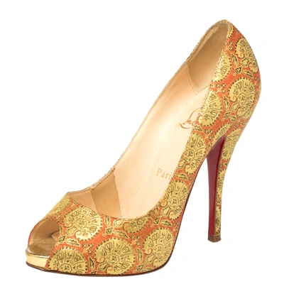 Pre-owned Christian Louboutin God/red Jacquard Fabric Very Prive Pumps Size 36.5 In Gold