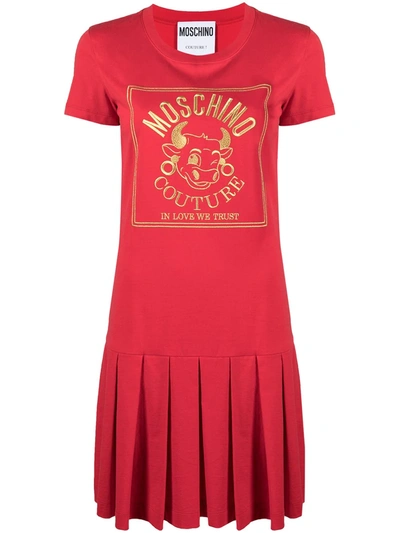 Moschino 刺绣logo棉质平纹针织连衣裙 In Red