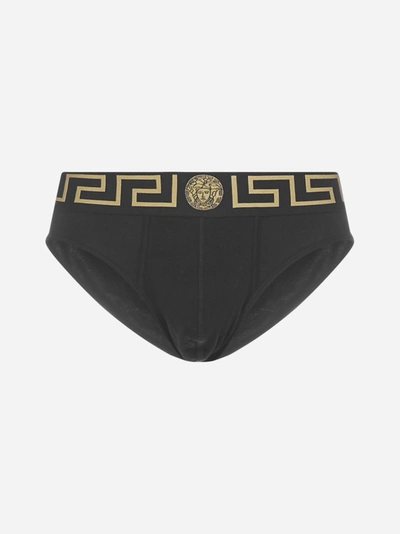 Versace Three-pack Logo-detailed Stretch-cotton Briefs In Black