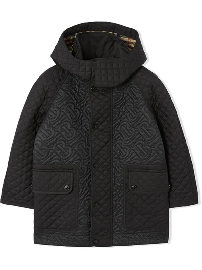 Burberry Kids' Detachable Hood Monogram Quilted Coat In Black