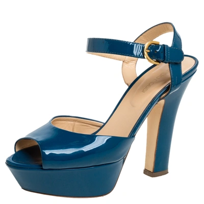 Pre-owned Sergio Rossi Blue Patent Leather Platform Peep Toe Ankle Strap Sandals 37