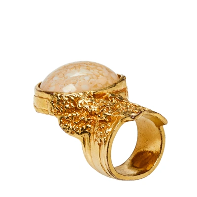 Pre-owned Saint Laurent Yves  Arty Glass Cabochon Gold Tone Cocktail Ring Size 6 In Cream