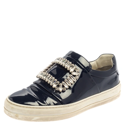 Pre-owned Roger Vivier Rger Vivier Blue Patent Leather Sneaky Viv Embellished Low Top Sneakers Size 35