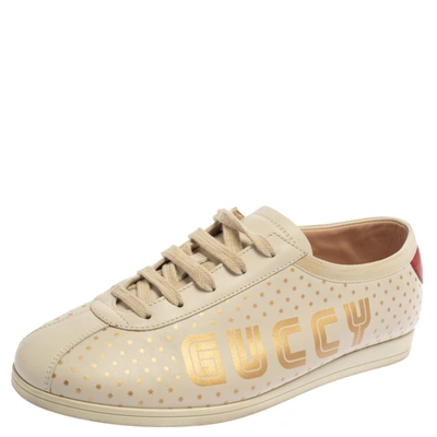 Pre-owned Gucci Off White Leather Falacer Logo Sneakers Size 38.5