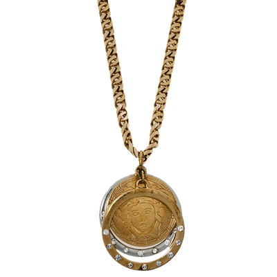 Pre-owned Versace Gold Tone Crystal Triple Halo Medusa Pendant Necklace