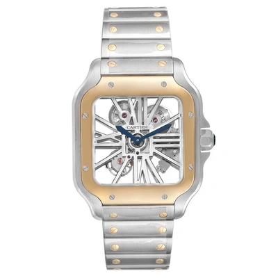 Pre-owned Cartier Silver 18k Yellow Gold And Stainless Steel Skeleton Horloge Santos Whsa0019 Men's Wristwatch 40 X 40