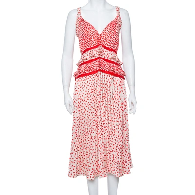 Pre-owned Self-portrait Cream & Red Dot Printed Satin Ruffle Detail Midi Dress L