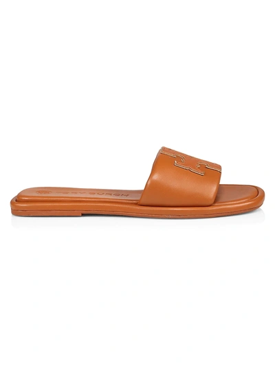 Tory Burch Double-t Padded Leather Slides In Aged Camel