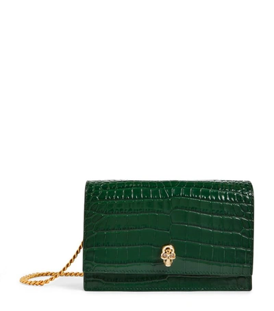 Alexander Mcqueen Skull-embellished Croc-embossed Leather Cross-body Bag In Emerald Green