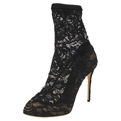 Pre-owned Dolce & Gabbana Black Stretch Lace Pointed Toe Ankle Booties Size 40.5