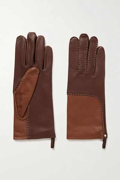 Agnelle Yaelle Topstitched Two-tone Leather Gloves In Brown