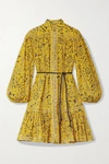 Zimmermann Lulu Belted Ruffled Printed Cotton Mini Dress In Yellow