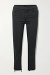 Mother The Insider Mid-rise Frayed Step-hem Stretch Crop Jeans In Black
