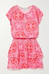 Melissa Odabash Keri Ruffled Crochet-trimmed Floral-print Voile Mini Dress In Pink