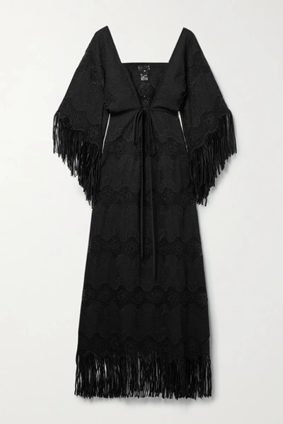 Miguelina Francesca Fringed Embroidered Cotton-blend Maxi Dress In Black