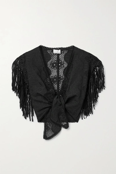 Miguelina Madison Cropped Fringed Embroidered Cotton-blend Top In Black