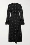 David Koma Open-back Feather-trimmed Crystal-embellished Satin Midi Dress In Black