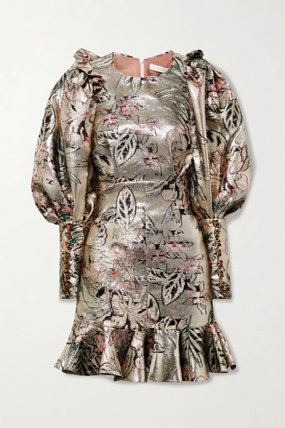 Anna Mason Sylvie Embellished Ruffled Brocade Mini Dress In Silver