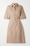 AKRIS BELTED PANELED LEATHER SHIRT DRESS