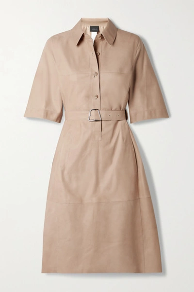 Akris Belted Paneled Leather Shirt Dress In Cardboard