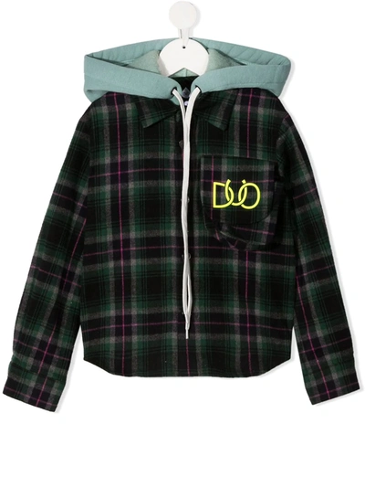 Duoltd Kids' Checked Shirt-hoodie With Logo Print In Green