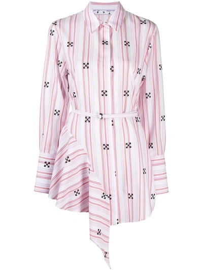 Off-white Stripe Print Embroidered Arrow Belted Asymmetric Shirtdress In Pink