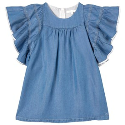 Chloé Kids' Ruffle-sleeve Denim Dress (2-14 Years) In Blue