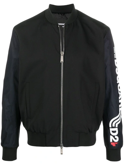 Dsquared2 Logo Stretch Wool Zip Bomber Jacket In Black