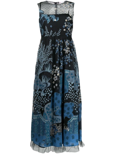 Red Valentino Embroidered Point D'esprit Tulle And Printed Crepe Midi Dress In Blue