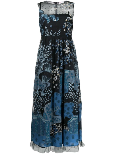 Red Valentino Embroidered Point D'esprit Tulle And Printed Crepe Midi Dress  In Blue | ModeSens
