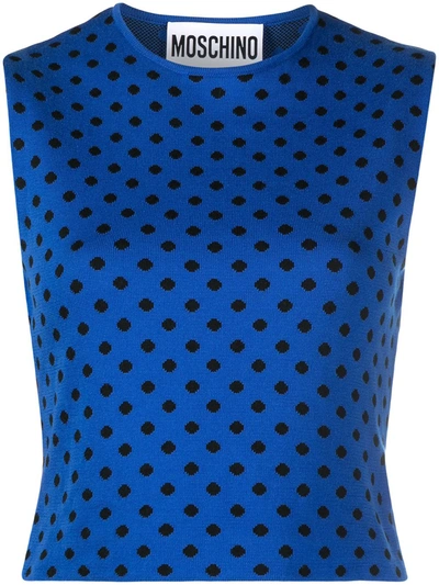 Moschino Polka Dot Knitted Cotton Top In Blue