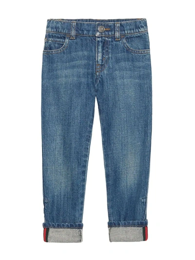 Gucci Light Blue Jeans With Multicolor Details In Ocean