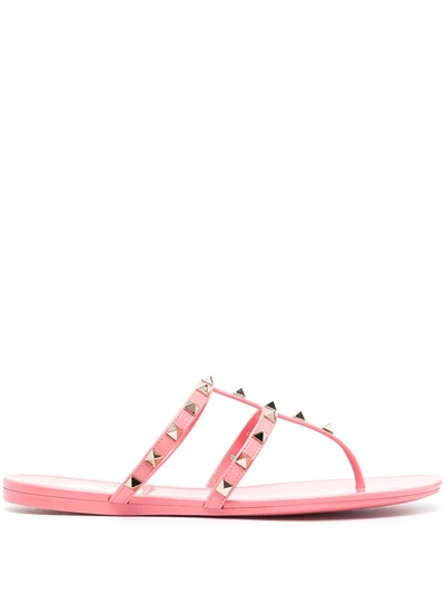 Valentino Rockstud T-strap Flat Slide Sandals In Pink