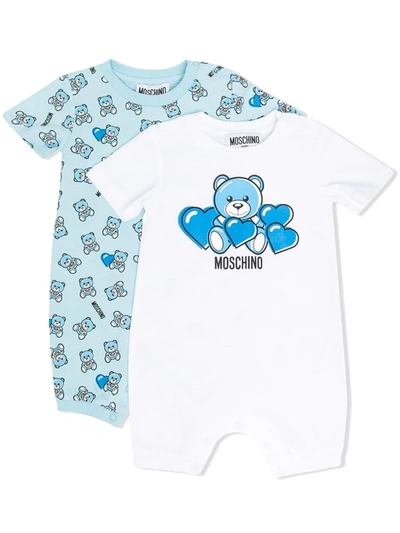 Moschino Babies' Blue Teddy Logo Romper In Bianco+celeste