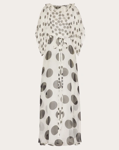 Valentino Long Dress In Printed Chiffon With Cape Sleeves In White