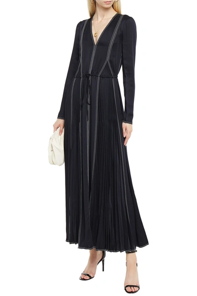Valentino Pleated Topstitched Satin-crepe Maxi Dress In Midnight Blue