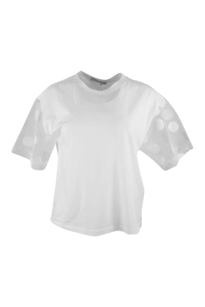 Fabiana Filippi Round Neck T-shirt With Short Sleeves In Polka Dot Tulle In White