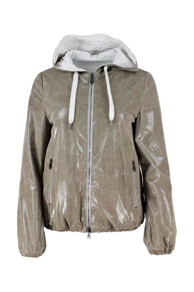 Brunello Cucinelli Reversible Leather Jacket With Hood In Taupe