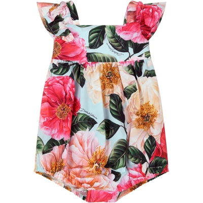 Dolce & Gabbana Light Blue Romper For Babygirl With Camellias In Ai Rosa