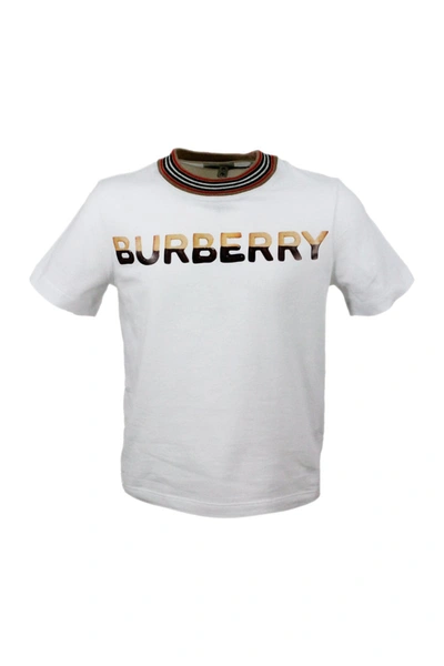 Burberry Kids' Short-sleeved Crew-neck T-shirt With Writing And Color Contrasts On The Neck In White