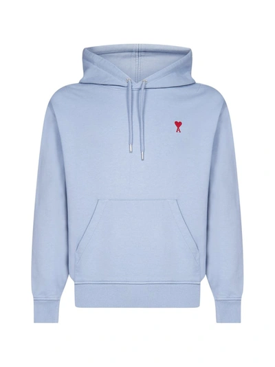 Ami Alexandre Mattiussi Logo-embroidered Cotton-jersey Hooded Sweatshirt In Light Blue