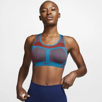 Nike Fe/nom Flyknit Women's High-support Non-padded Sports Bra In Laser Blue,firewood Orange