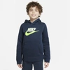 Nike Kids' Big Boys Sportswear Club Fleece Pullover Hoodie, Extended Sizes In Deep Ocean,barely Volt