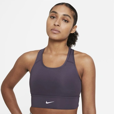 Nike Dri-fit Swoosh Women's Medium-support 1-piece Padded Longline Sports Bra In Dark Raisin,white