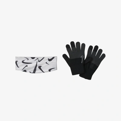 Nike Hyperstorm Kids' Graphic Headband And Gloves Set In Black,white